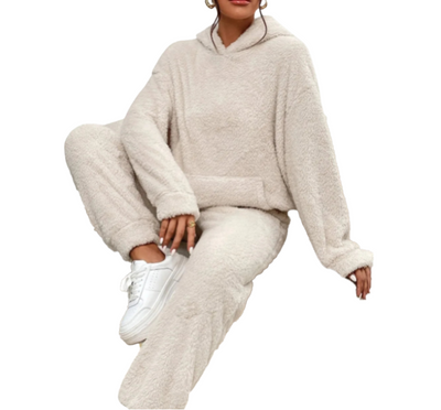 Plush Hooded Sweatshirt & Pants Winter Set Warm Casual