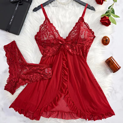 Red Sheer Lace Lingerie Set for Women – Sexy Nightgown