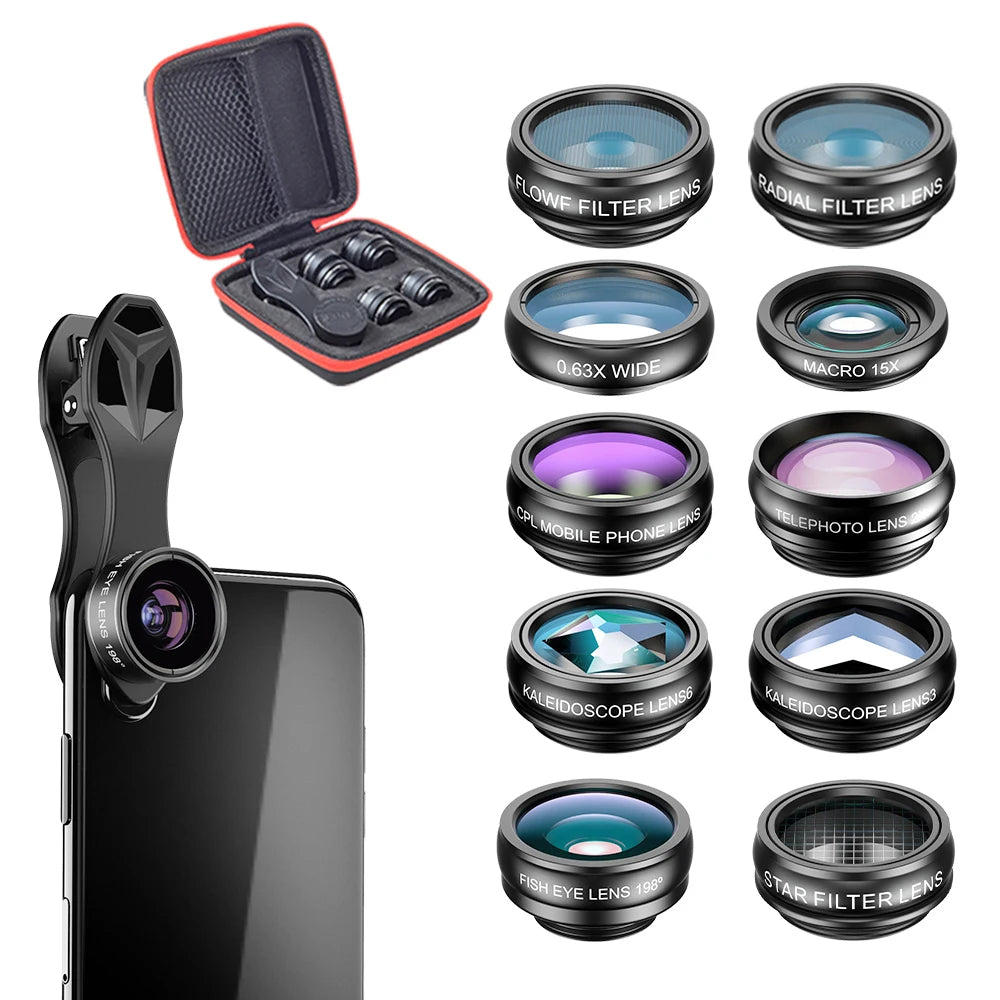 Kit d'objectifs universels 10 en 1 pour smartphone avec fisheye, grand angle et macro.