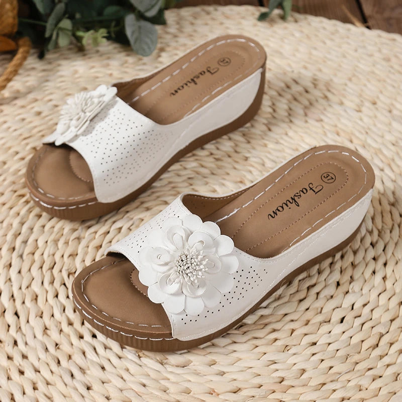Retro Floral Wedge Slippers for Women – Summer Sandals