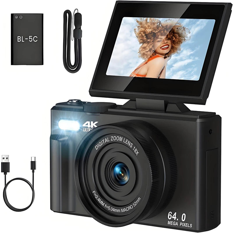 4K 64MP Digital Camera – 18X Zoom, Flip Screen Photography