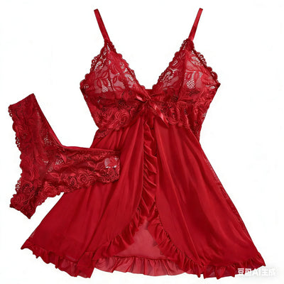 Red Sheer Lace Lingerie Set for Women – Sexy Nightgown