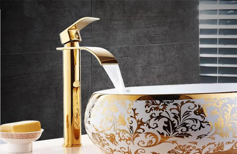 Gold Waterfall Faucet – Modern Bathroom & Kitchen Mixer