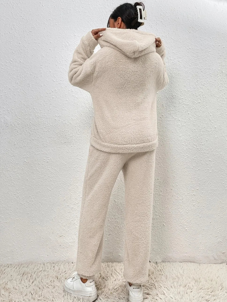 Plush Hooded Sweatshirt & Pants Winter Set Warm Casual