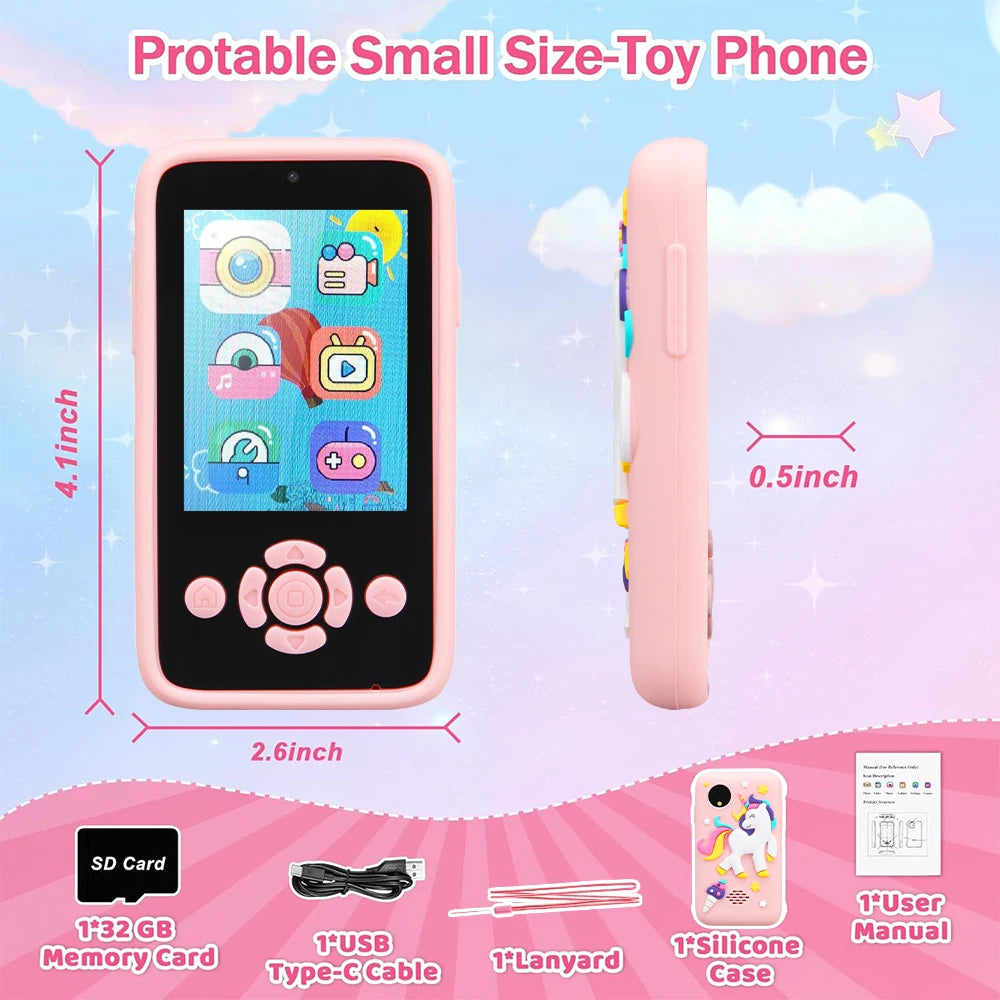 Téléphone jouet pour enfants – Appareil photo, lecteur MP3 et jeux de puzzle, 32 Go