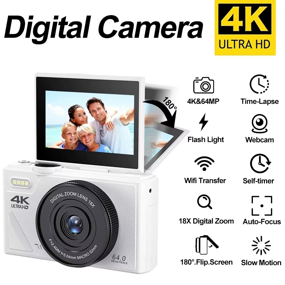 4K Vlogging Camera AC600 – 64MP, 18X Zoom, Flip Screen