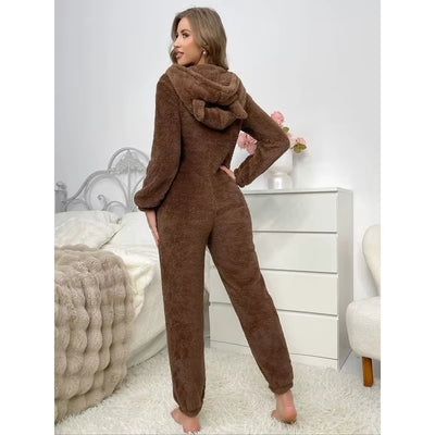 Cozy Brown Fleece Hooded Jumpsuit Pajamas Nylon