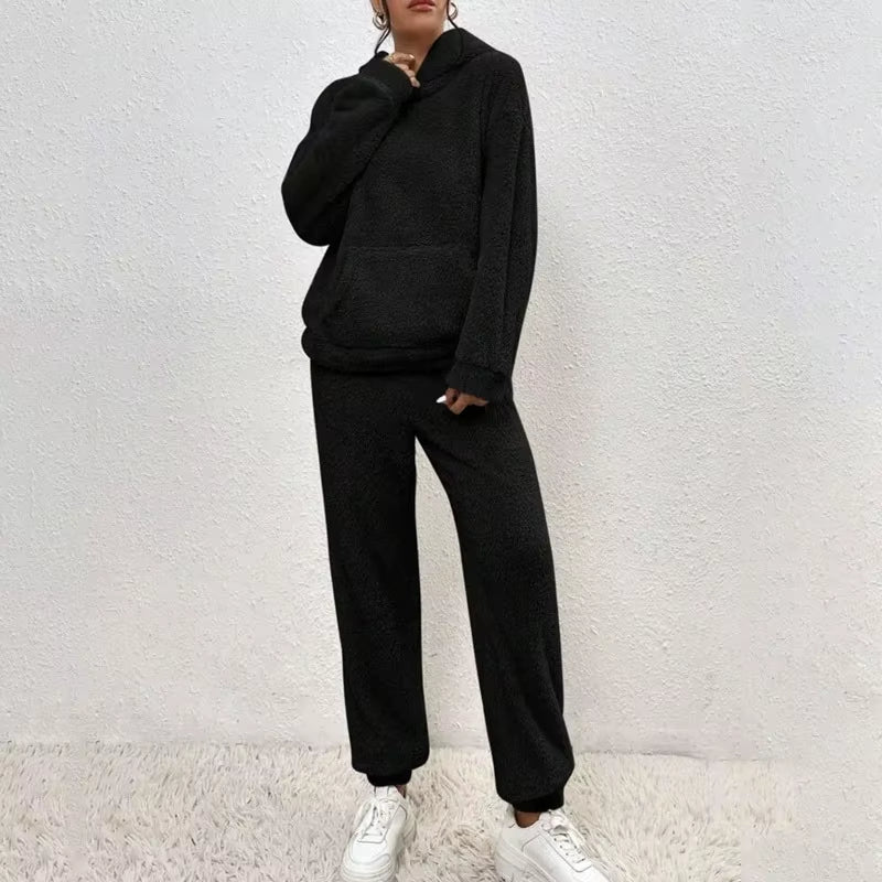 Plush Hooded Sweatshirt & Pants Winter Set Warm Casual