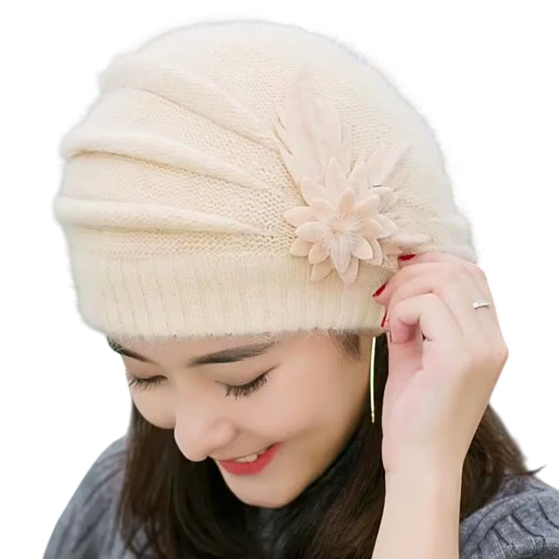 Winter Wool Beret – Knitted Flower Hat Autumn Winter