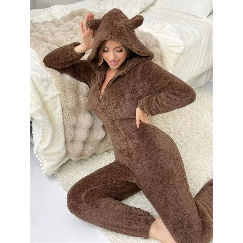 Cozy Brown Fleece Hooded Jumpsuit Pajamas Nylon