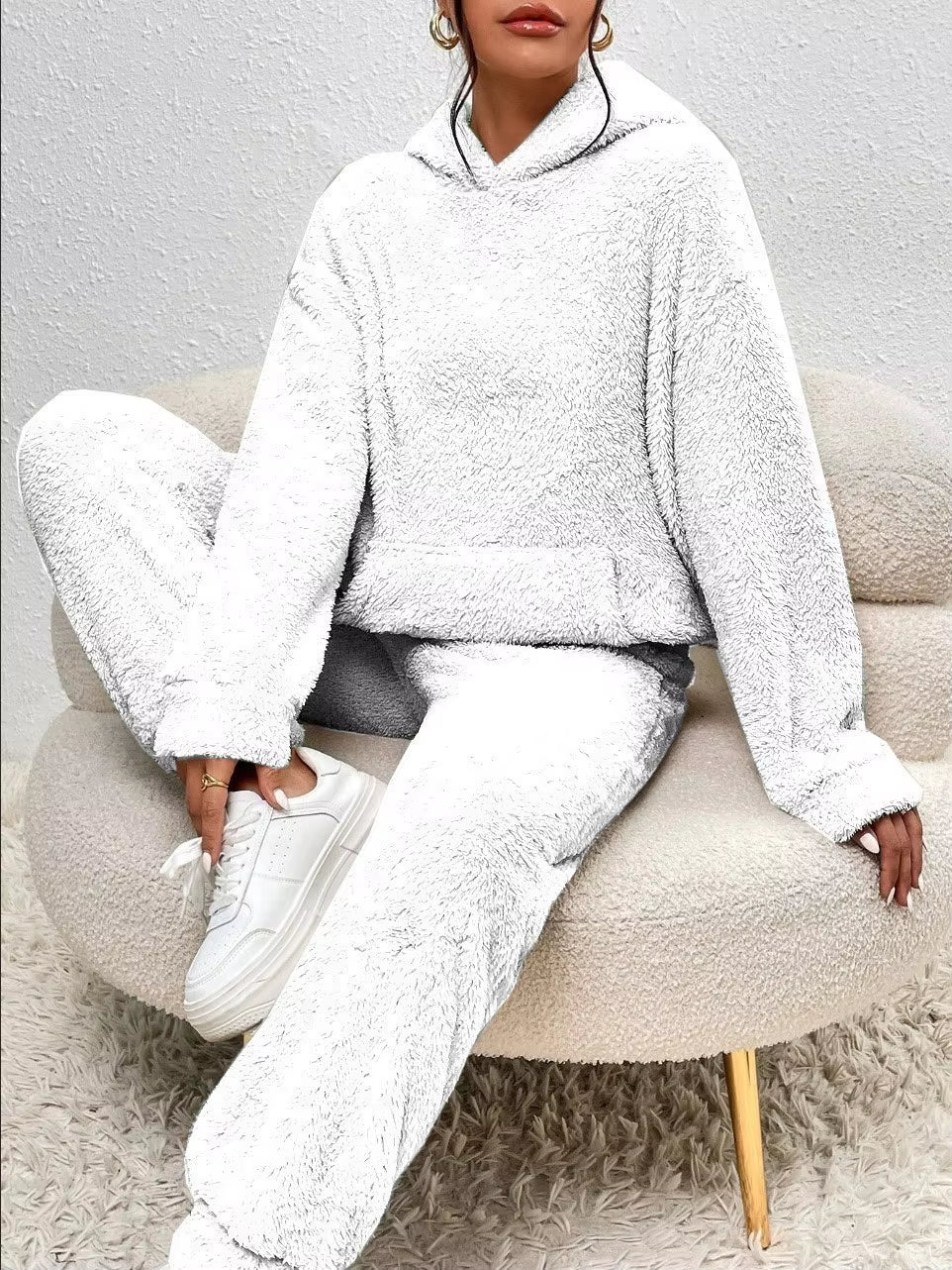 Plush Hooded Sweatshirt & Pants Winter Set Warm Casual