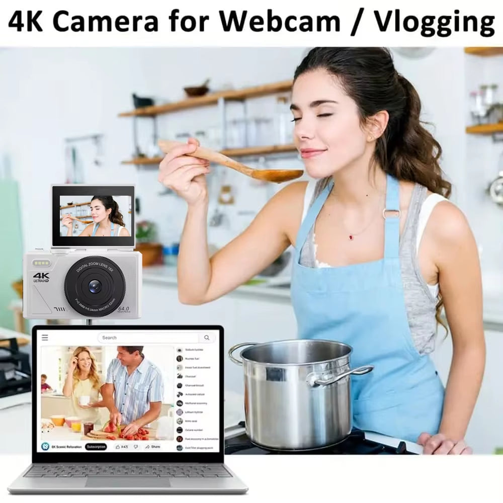 4K Vlogging Camera AC600 – 64MP, 18X Zoom, Flip Screen