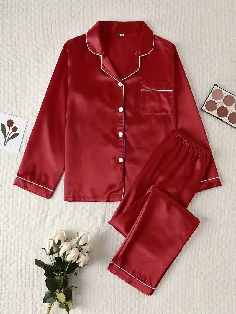 Spring & Autumn Silk Pajamas – Long Shirt & Pants Homewear