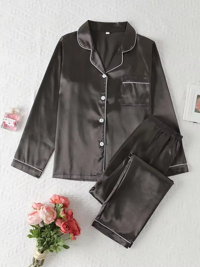 Spring & Autumn Silk Pajamas – Long Shirt & Pants Homewear